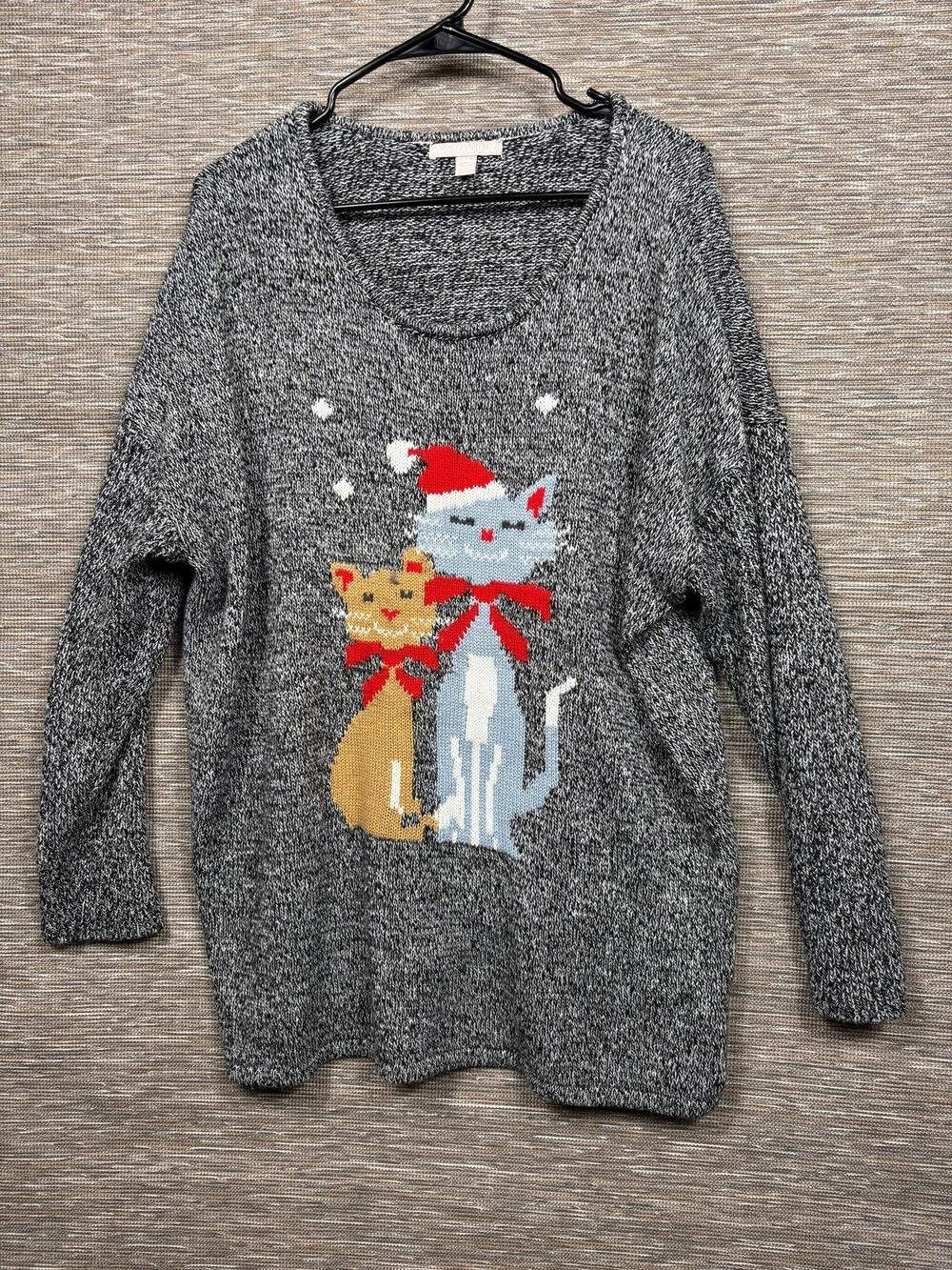 Woman Within Sweater Womens 1X Gray Christmas Cat Graphic Holiday Knit Pullover